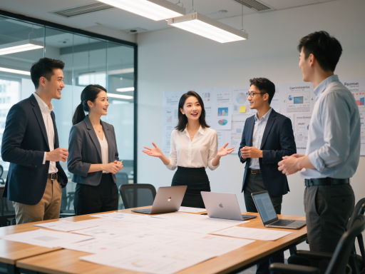 现代化办公室中团队讨论场景，明亮自然光线，蓝色背景